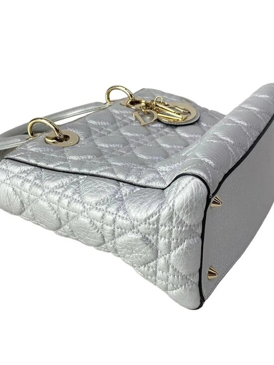 DIOR/ChristianDior Lady Dior Medium Bag Silver Leather Handbag